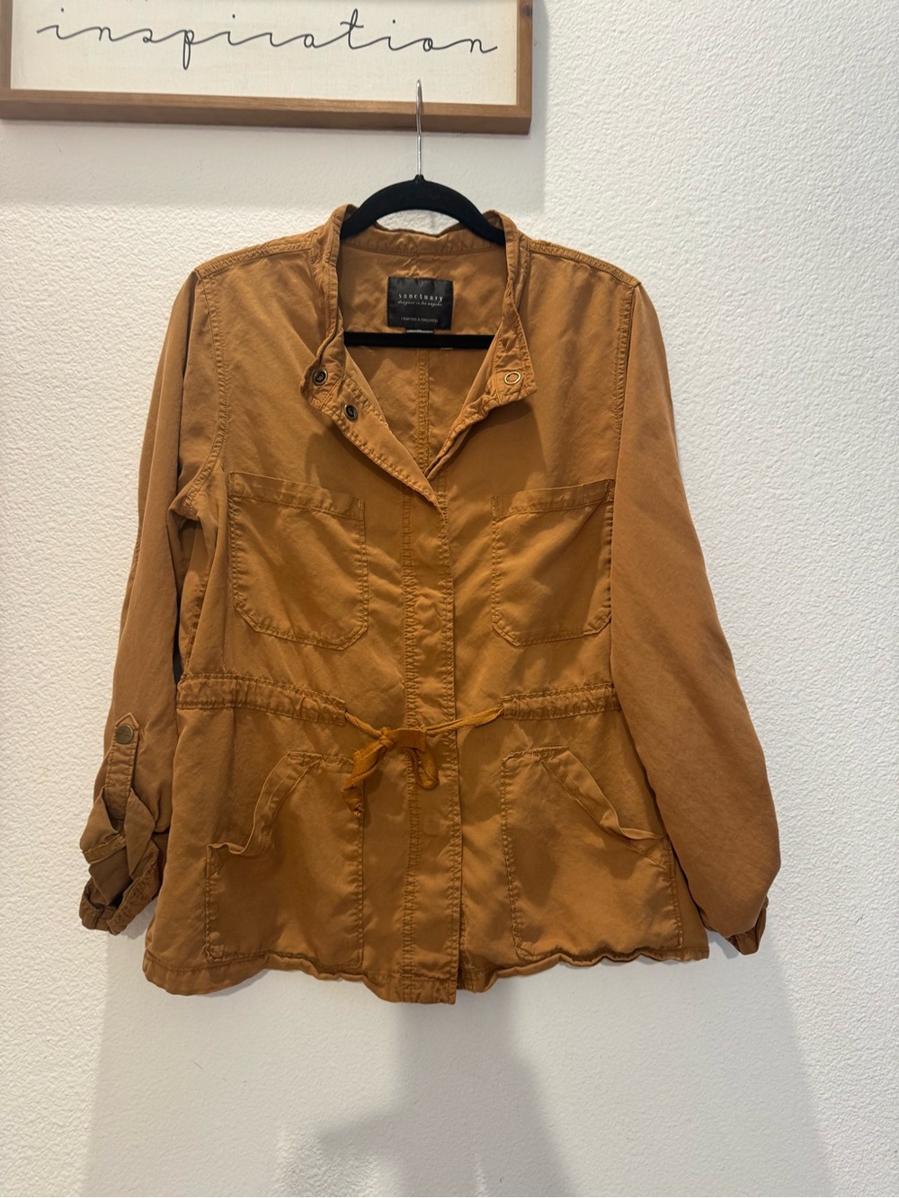 Sanctuary brown stretch military utility jacket with a drawstring waist